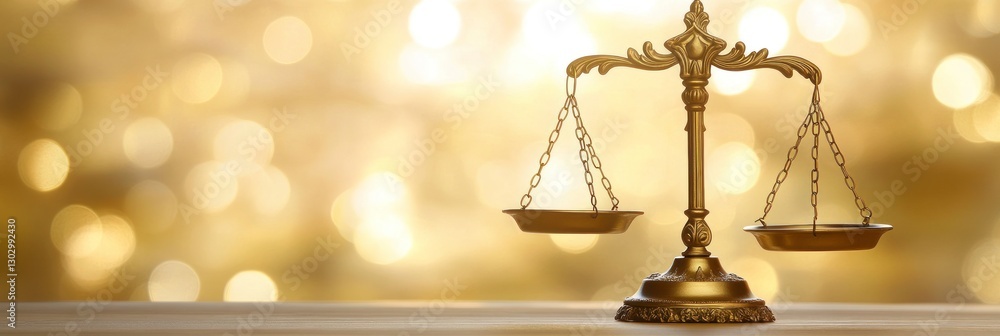 Poster empty golden scale on the table in front, blurred background with a blurry light bokeh effect. the c
