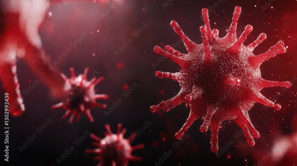 Poster A close-up view of red virus particles against a dark background, showcasing their intricate structure and ominous appearance.