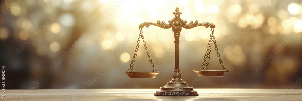 Poster empty golden scale on the table in front, blurred background with a blurry light bokeh effect. the c