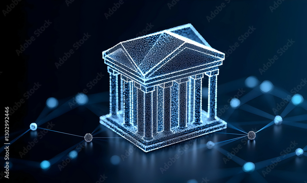 Poster 3d digital model of classical building on a dark background