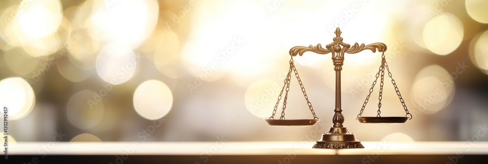 Poster empty golden scale on the table in front, blurred background with a blurry light bokeh effect. the c