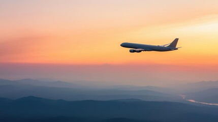 Aircraft flying at high altitude, its contrail illuminated by the golden tones of sunrise