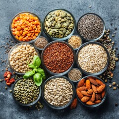 Group of seeds and cereals, top view, organic vegan protein diet, assortment of healthy raw ingredients, pile of nutrition cooking elements for vegetarian food preparation