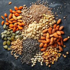 Group of seeds and cereals, top view, organic vegan protein diet, assortment of healthy raw ingredients, pile of nutrition cooking elements for vegetarian food preparation