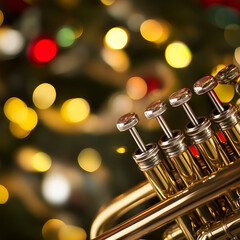 Fototapeta premium Close-up of trumpet valves with bokeh lights in festive background 