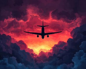 Naklejka premium Flight scene with an airplane banking sharply, surrounded by sunriselit clouds