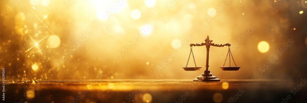 Poster empty golden scale on the table in front, blurred background with a blurry light bokeh effect. the c