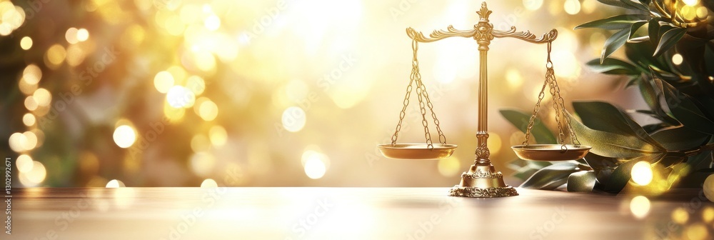 Poster empty golden scale on the table in front, blurred background with a blurry light bokeh effect. the c