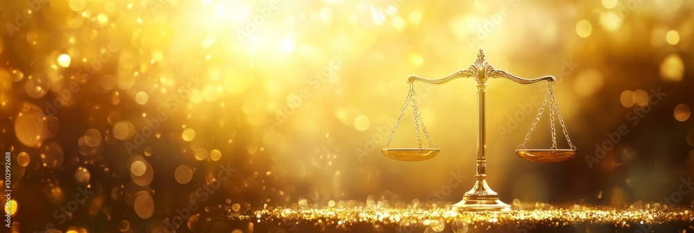 Poster empty golden scale on the table in front, blurred background with a blurry light bokeh effect. the c