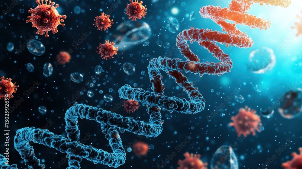 Poster a vibrant depiction of dna strands intertwined with virus particles, showcasing the microscopic worl