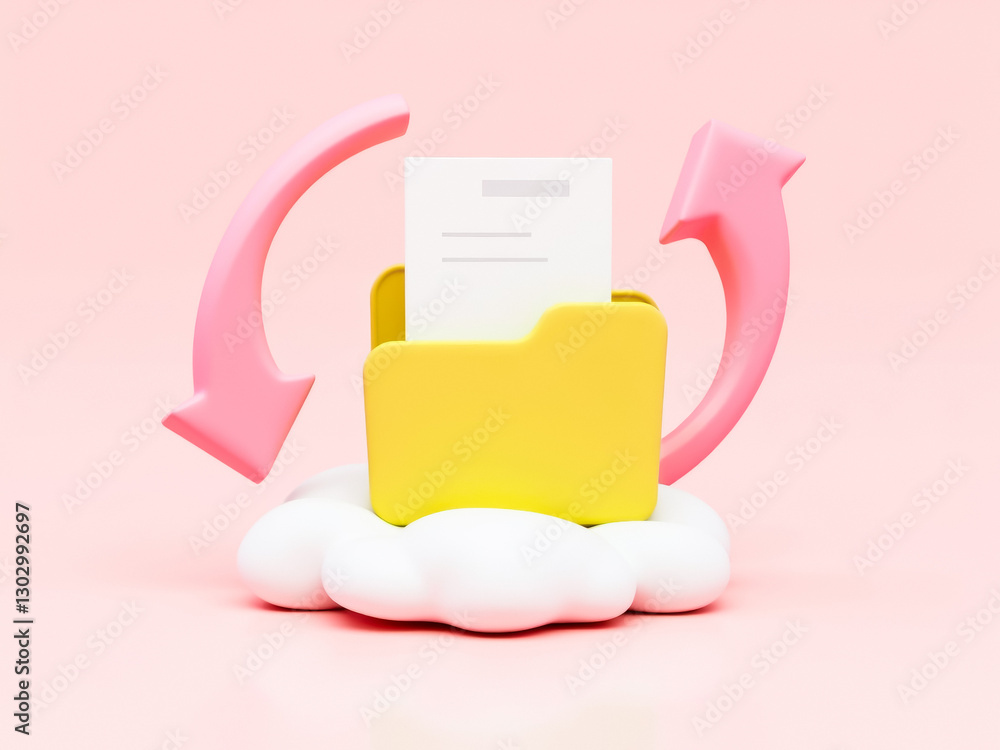Poster 3d render of a yellow folder with document and pink arrows representing data transfer