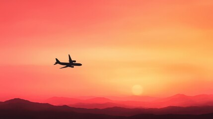 A peaceful view of an airplane flying near the horizon, with a fiery sunrise creating dramatic silhouettes