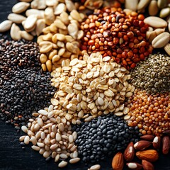 Group of various seed and cereal mix, top view of organic vegan protein diet, assortment of healthy raw food ingredients, pile of nutrition cooking elements for vegetarian cuisine