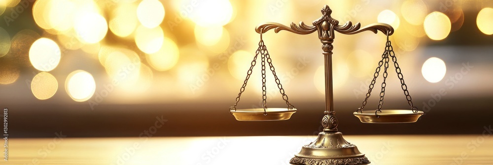 Poster empty golden scale on the table in front, blurred background with a blurry light bokeh effect. the c