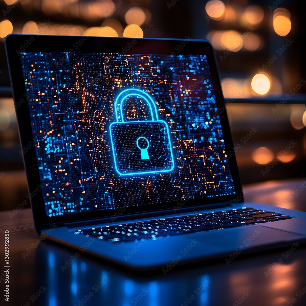 Poster laptop with a padlock symbolizing data security, strong password and firewall system to protect agai