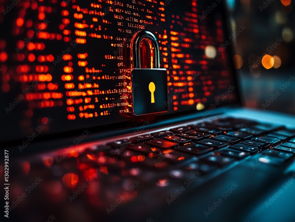 Poster Laptop with a padlock symbolizing data security, strong password and firewall system to protect against hacking, ensuring safe online access and secure information flow