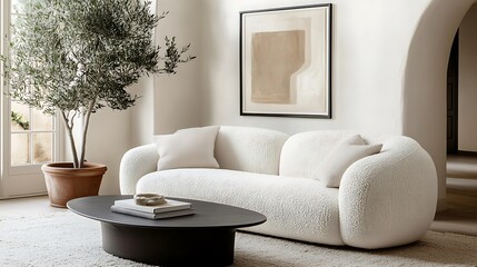 Minimalist, japandi home interior design of modern living room with white sofa, sleek black coffee table and potted olive tree. The earthy tones and soft textures create warm and tranquil atmosphere.
