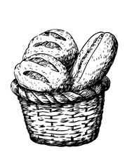 Fototapeta premium Engraved illustration of a woven basket filled with freshly baked bread rolls and loaves