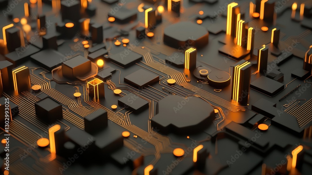 Poster A close-up view of a circuit board with illuminated components, showcasing intricate patterns and glowing elements in a dark background.