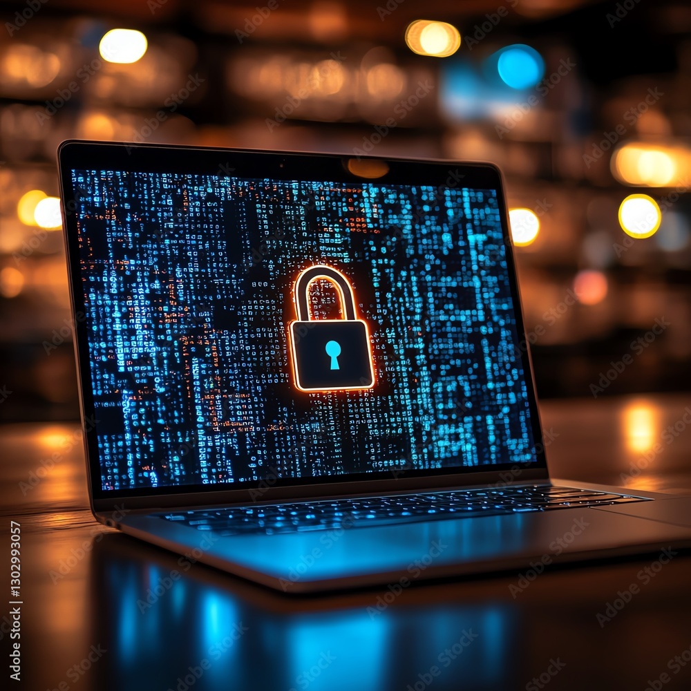 Poster Laptop with a padlock symbolizing data security, strong password and firewall system to protect against hacking, ensuring safe online access and secure information flow