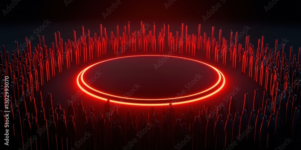 Fototapete a futuristic, glowing red circular design surrounded by vertical bars, set against a dark backdrop, 