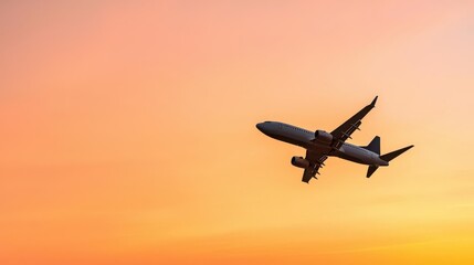 Jet airplane silhouetted against a vivid orange sunrise, creating a dramatic and serene scene