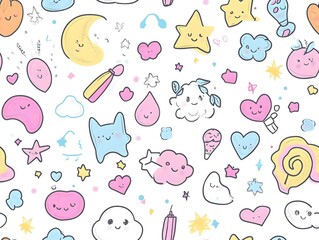 Charming Kawaii Doodle Seamless Pattern with Playful Hand Drawn Graphic Elements