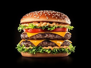 A towering gourmet cheeseburger with fresh ingredients on a dark background