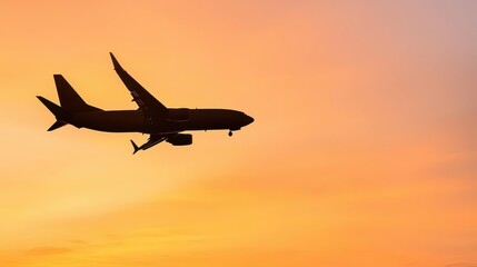 Jet airplane silhouetted against a vivid orange sunrise, creating a dramatic and serene scene