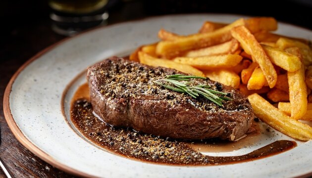 food featuring a succulent steak au poivre generously covered with peppercorn sauce, sprinkled with fleur de sel and freshly cracked black pepper, accompanied by a portion of golden, crispy French fri