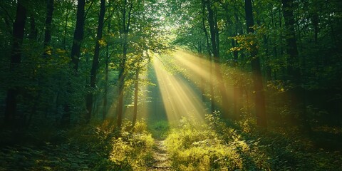 Naklejka premium Cinematic concept enchanting sunlight in a serene lush green forest viewpoint