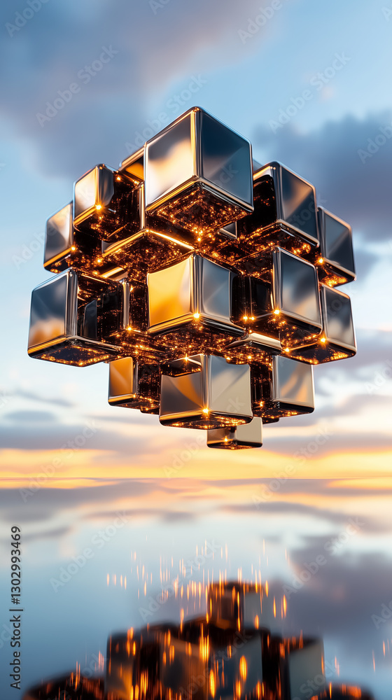 Poster a mesmerizing display arises as hundreds of smaller cubes come together to form a giant cube, suspen