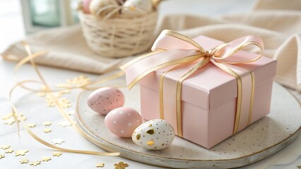Pastel Pink and Gold Easter Gift Box with a Silk Ribbon, Set Against a Softly Lit Background perfect for luxury Easter gifts, boutique holiday packaging, and elegant seasonal product photography.