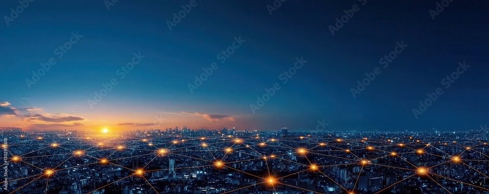 Poster a stunning city skyline at dusk, illuminated by countless lights as the sun sets, creating a beautif