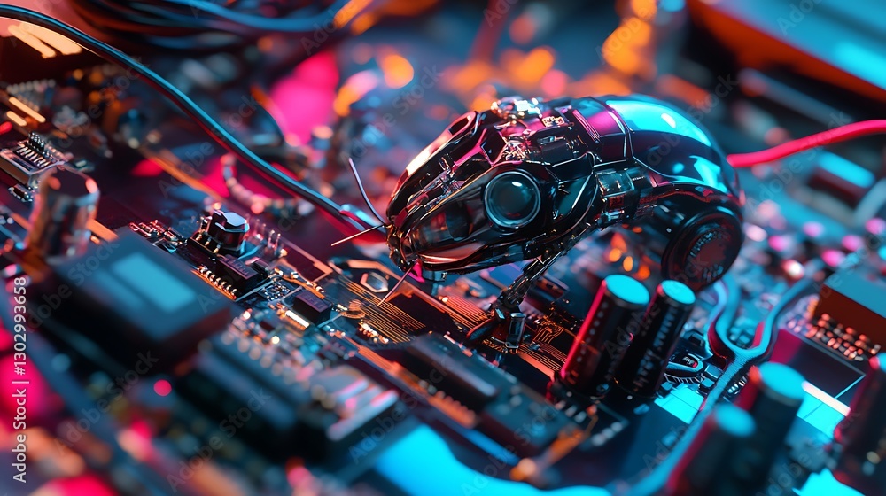 Poster close-up view of a gaming mouse resting on a vibrant computer circuit board illuminated by colorful 