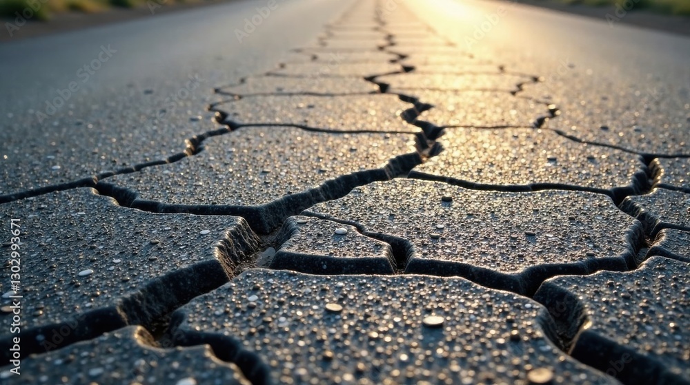 Poster sunlit pavement's textured surface with cracks and dewdrops revealing a detailed close-up view