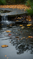 Obraz premium Rain-drenched pond, with ripples spreading across the surface and fallen leaves.