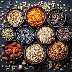 Top view of a group of various seeds and cereals, organic vegan protein diet, healthy raw food ingredients, nutritious cooking elements for vegetarian cuisine