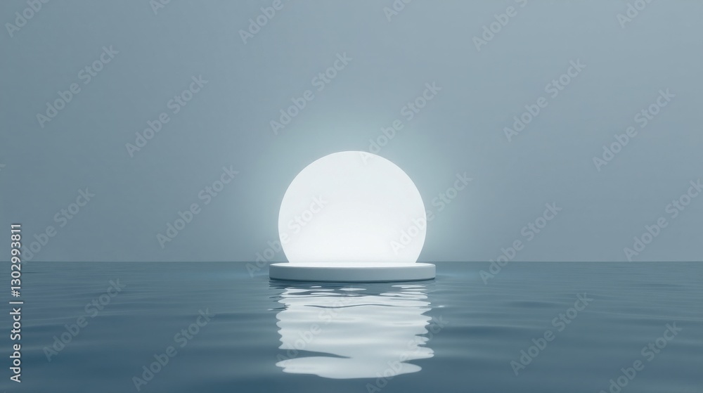Poster serene minimalist scene illuminated orb on platform floating gently on calm water