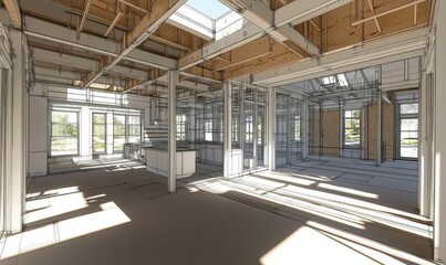 Modern home design sketch with skylight and windows.