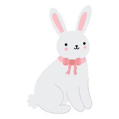 Cute grey bunny rabbit with a pink pet collar ribbon bow. Adorable hand drawn Easter animal character. Vector illustration isolated on white background.