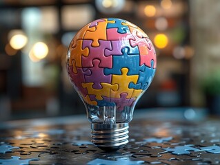 Colorful puzzle piece light bulb on a table with blurred background and soft lighting