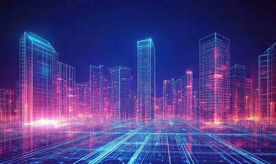 Fototapeta premium Futuristic neon city with glowing buildings.