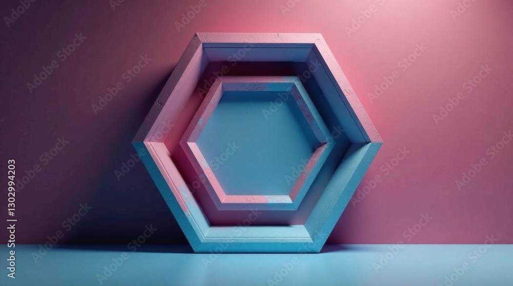 Poster abstract hexagonal structure with pastel pink and blue hues, ideal for minimalist product displays o