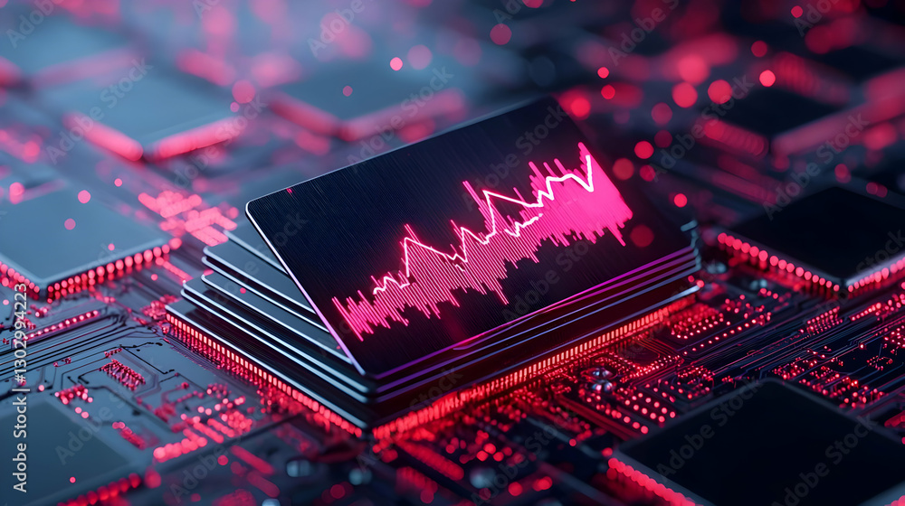 Aufkleber digital sound wave visuals on circuit board backgrounds in red