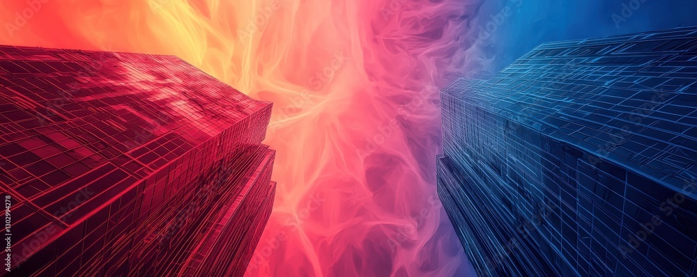 Aufkleber a vibrant, abstract scene featuring contrasting red and blue hues, creating a sense of depth and ene