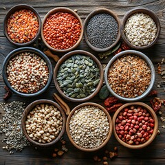 Top view of seeds and cereals mix, organic vegan protein diet, raw healthy ingredients, assortment of nutritionrich food elements for vegetarian cuisine preparation