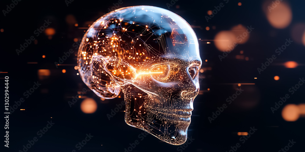 Poster in a dimly lit digital space, a neural network takes the form of an intricate skull, glowing with vi