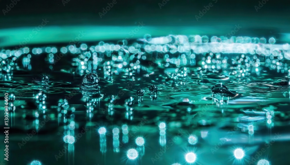 Aufkleber macro water droplets on reflective surface with glowing teal bokeh, abstract liquid texture, futuris