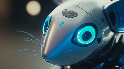 Close-up view of an advanced robotic mouse featuring glowing blue eyes and sleek silver metallic surface, highlighting intricate details of technology and design